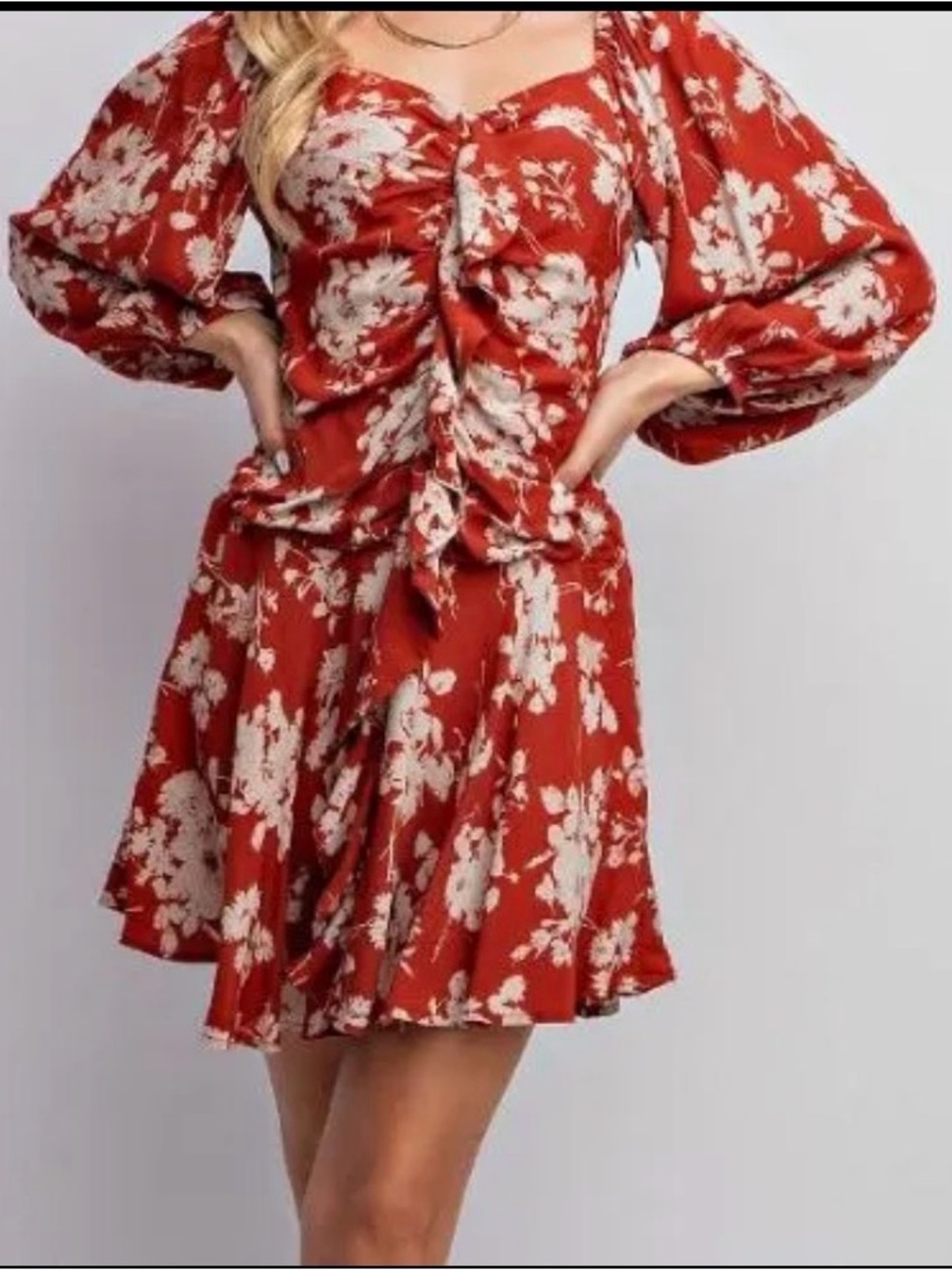Tie-Front Red Floral Mini Dress with Puff Sleeves